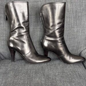 Cole Haan Black Leather Mid Calf Boots Size 6.5 | Wood Heel | Back Zip